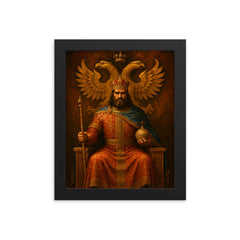 Stefan Dusan enthroned under double headed eagle framed print on a plain backdrop in size 8"x10".