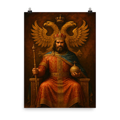 Stefan Dusan enthroned under double headed eagle poster on a plain backdrop in size 8"x10".