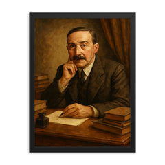 Stefan Zweig exile desk portrait framed print on a plain backdrop in size 18"x24".