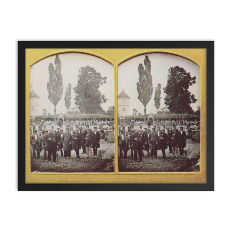 Stereoscopic Daguerreotype of Men Posing in a Park by Wilhelm Schneider, c. 1860 framed print on a plain backdrop in size 18