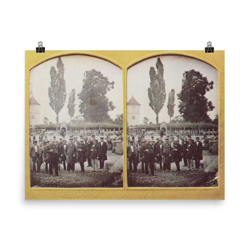 Stereoscopic Daguerreotype of Men Posing in a Park by Wilhelm Schneider, c. 1860 poster on a plain backdrop in size 8