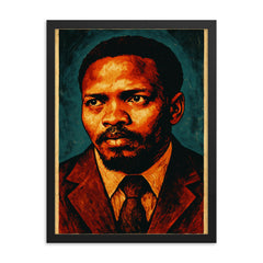 Steve Biko black consciousness portrait framed print on a plain backdrop in size 18"x24".