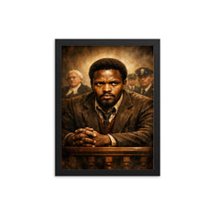 Steve Biko defiant courtroom gaze framed print on a plain backdrop in size 12"x16".