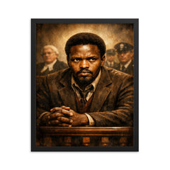 Steve Biko defiant courtroom gaze framed print on a plain backdrop in size 16"x20".