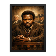 Steve Biko defiant courtroom gaze framed print on a plain backdrop in size 18"x24".