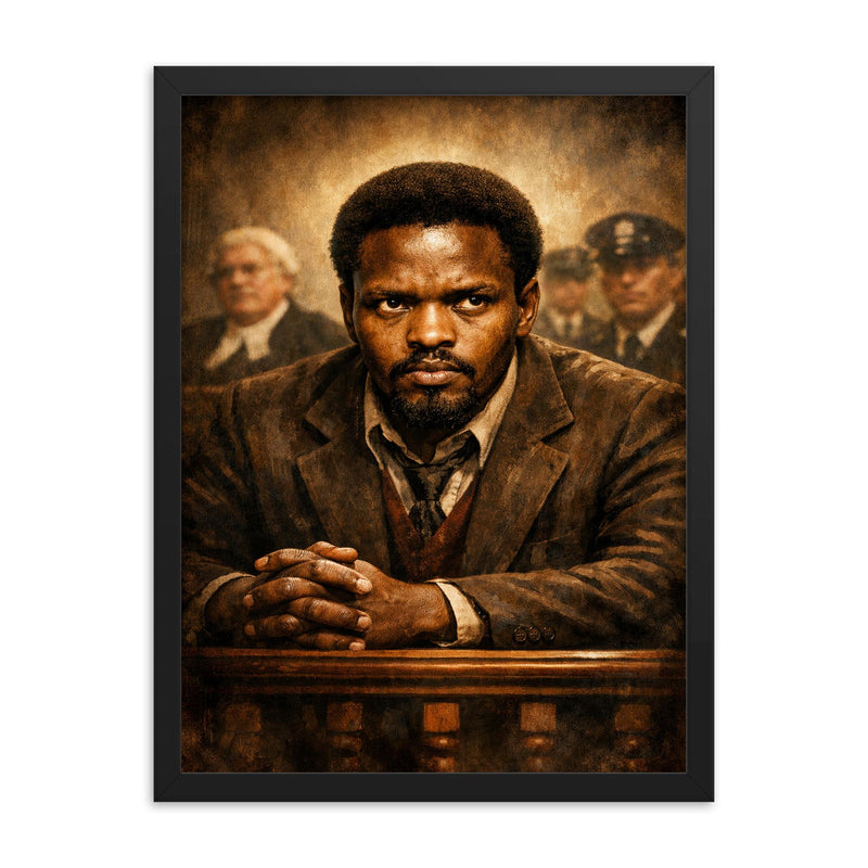 Steve Biko defiant courtroom gaze framed print on a plain backdrop in size 18