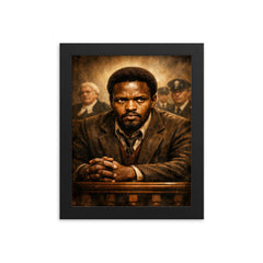 Steve Biko defiant courtroom gaze framed print on a plain backdrop in size 8"x10".