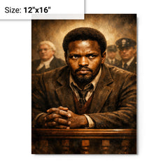 Steve Biko defiant courtroom gaze metal print on a plain backdrop in size 12"x16".