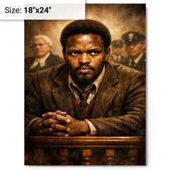Steve Biko defiant courtroom gaze metal print on a plain backdrop in size 18"x24".