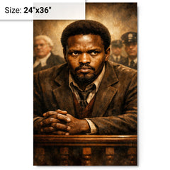 Steve Biko defiant courtroom gaze metal print on a plain backdrop in size 24"x36".