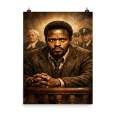 Steve Biko defiant courtroom gaze poster on a plain backdrop in size 8"x10".