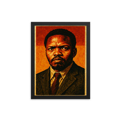 Steve Biko in stark defiant portrait framed print on a plain backdrop in size 12"x16".