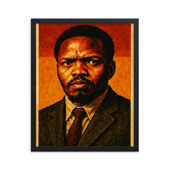 Steve Biko in stark defiant portrait framed print on a plain backdrop in size 16"x20".