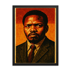 Steve Biko in stark defiant portrait framed print on a plain backdrop in size 18"x24".