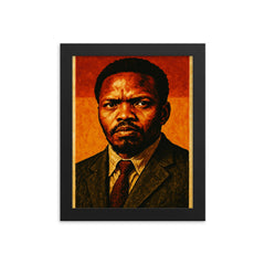 Steve Biko in stark defiant portrait framed print on a plain backdrop in size 8"x10".
