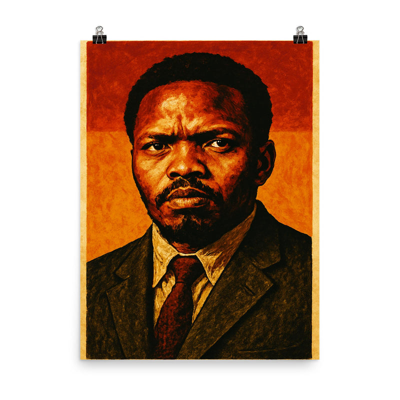 Steve Biko in stark defiant portrait poster on a plain backdrop in size 8
