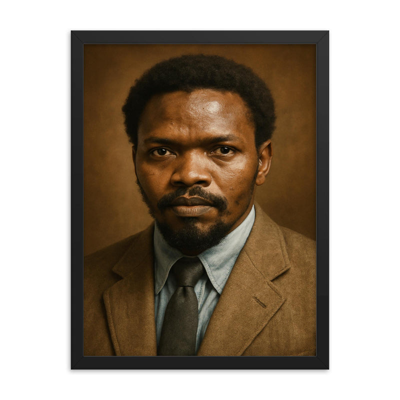 Steve Biko portrait framed print on a plain backdrop in size 18