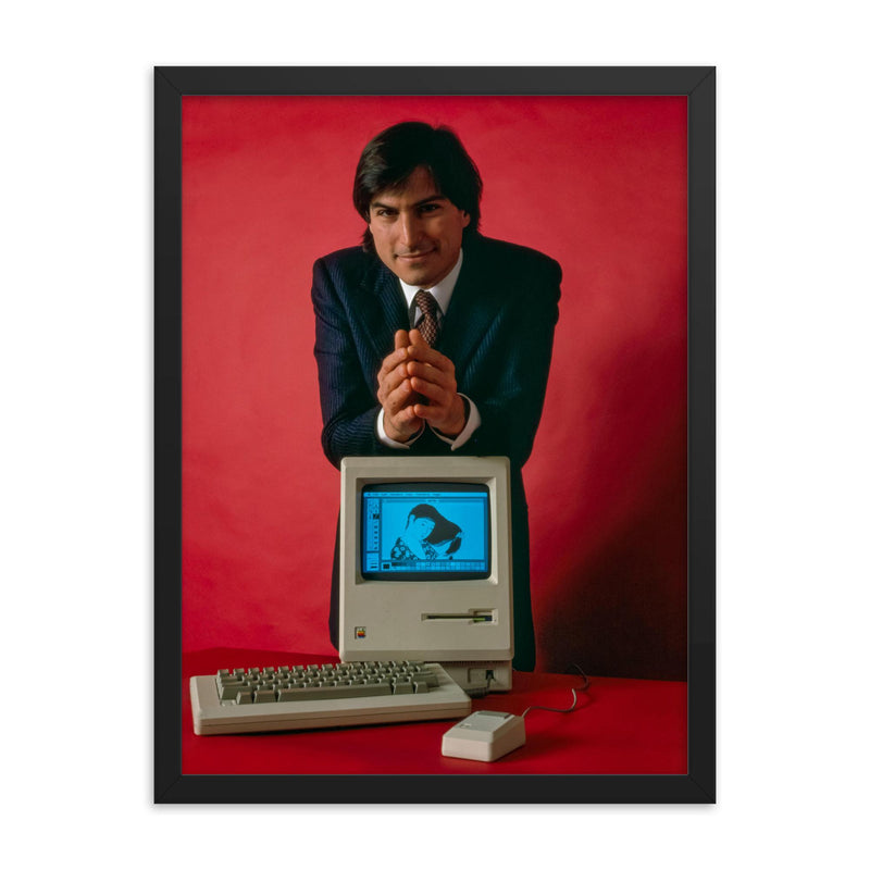 Steve Jobs framed print on a plain backdrop in size 18