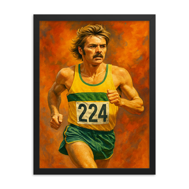 Steve Prefontaine framed print on a plain backdrop in size 18