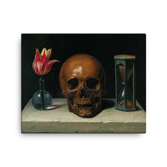 Still Life with a Skull by Philippe de Champaigne, 1671 canvas print on a plain backdrop in size 16"x20".