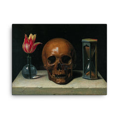 Still Life with a Skull by Philippe de Champaigne, 1671 canvas print on a plain backdrop in size 18"x24".