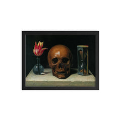 Still Life with a Skull by Philippe de Champaigne, 1671 framed print on a plain backdrop in size 12"x16".