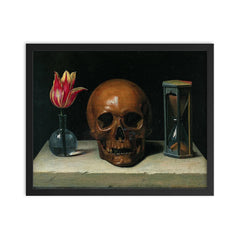 Still Life with a Skull by Philippe de Champaigne, 1671 framed print on a plain backdrop in size 16"x20".