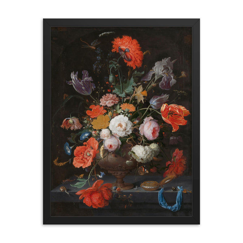 Still Life with Flowers and a Watch by Abraham Mignon framed print on a plain backdrop in size 18