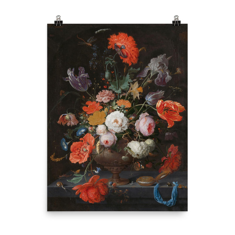 Still Life with Flowers and a Watch by Abraham Mignon poster on a plain backdrop in size 8