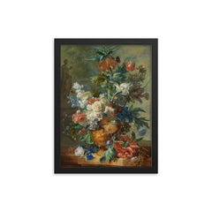 Still Life with Flowers by Jan van Huysum, 1723 framed print on a plain backdrop in size 12"x16".