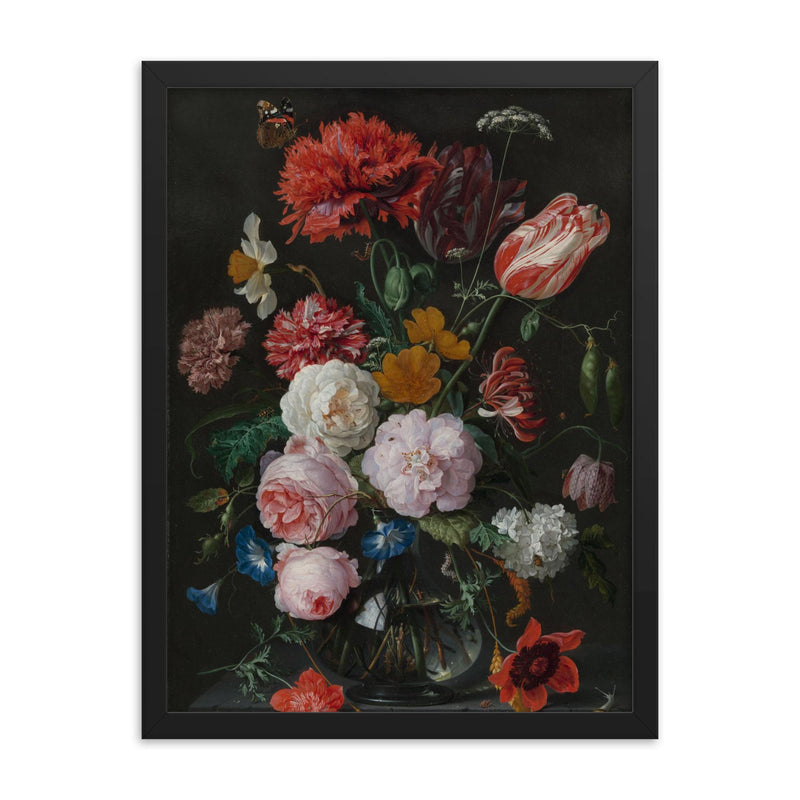 Still Life with Flowers in a Glass Vase by Jan Davidsz de Heem framed print on a plain backdrop in size 18