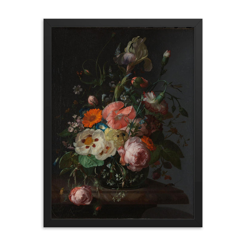 Still Life with Flowers on a Marble Tabletop by Rachel Ruysch, 1716 framed print on a plain backdrop in size 18