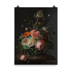 Still Life with Flowers on a Marble Tabletop by Rachel Ruysch, 1716 poster on a plain backdrop in size 8"x10".