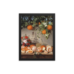 Still Life with Oranges by Rafael Romero Barros framed print on a plain backdrop in size 12"x16".