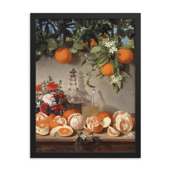 Still Life with Oranges by Rafael Romero Barros framed print on a plain backdrop in size 18"x24".