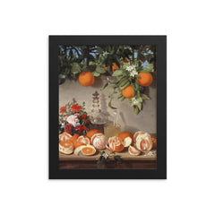 Still Life with Oranges by Rafael Romero Barros framed print on a plain backdrop in size 8"x10".