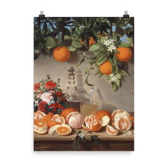 Still Life with Oranges by Rafael Romero Barros poster on a plain backdrop in size 8"x10".