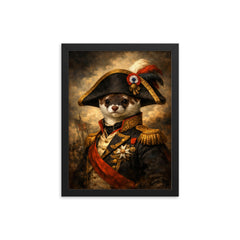 Stoat in Napoleonic bicorne portrait framed print on a plain backdrop in size 12"x16".