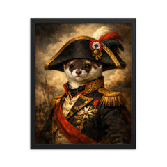 Stoat in Napoleonic bicorne portrait framed print on a plain backdrop in size 16"x20".
