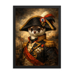 Stoat in Napoleonic bicorne portrait framed print on a plain backdrop in size 18"x24".