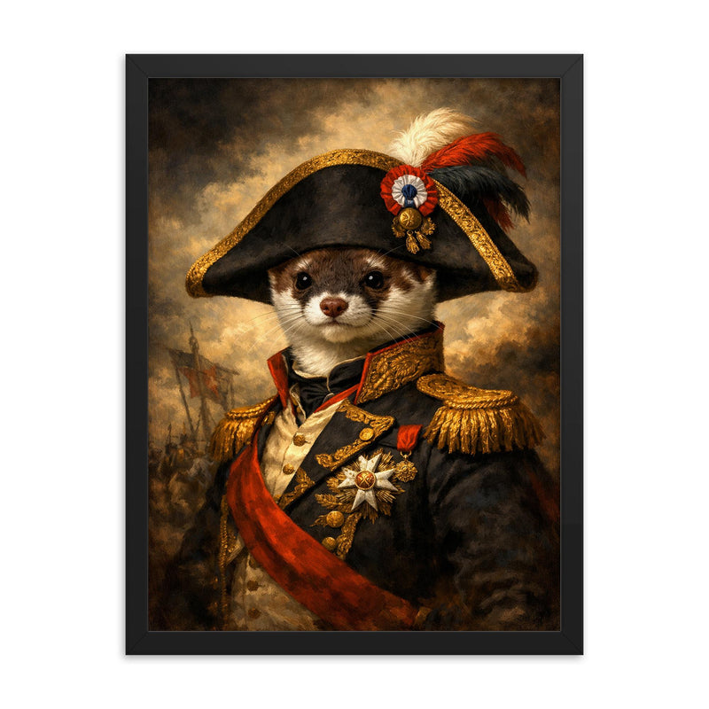 Stoat in Napoleonic bicorne portrait framed print on a plain backdrop in size 18