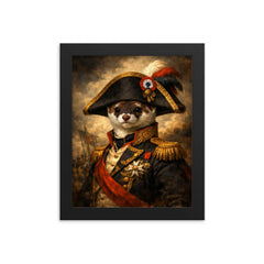 Stoat in Napoleonic bicorne portrait framed print on a plain backdrop in size 8"x10".