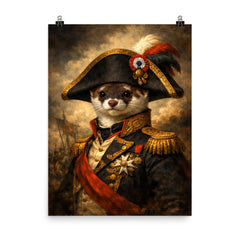 Stoat in Napoleonic bicorne portrait poster on a plain backdrop in size 8"x10".