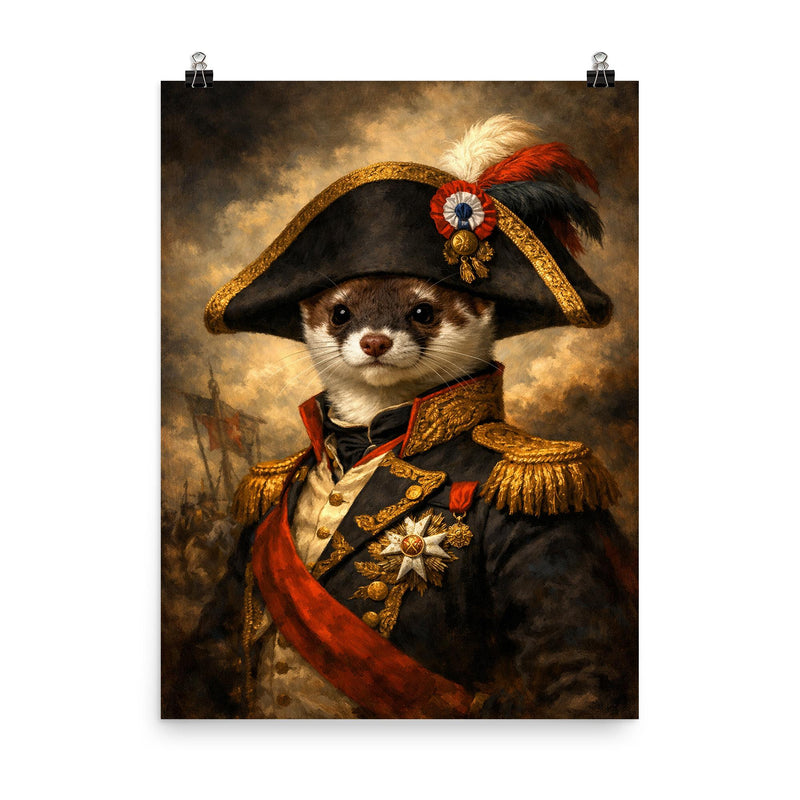 Stoat in Napoleonic bicorne portrait poster on a plain backdrop in size 8