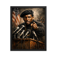 Stokely Carmichael black beret podium portrait framed print on a plain backdrop in size 16"x20".