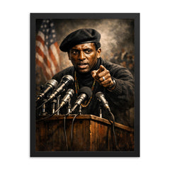 Stokely Carmichael black beret podium portrait framed print on a plain backdrop in size 18"x24".