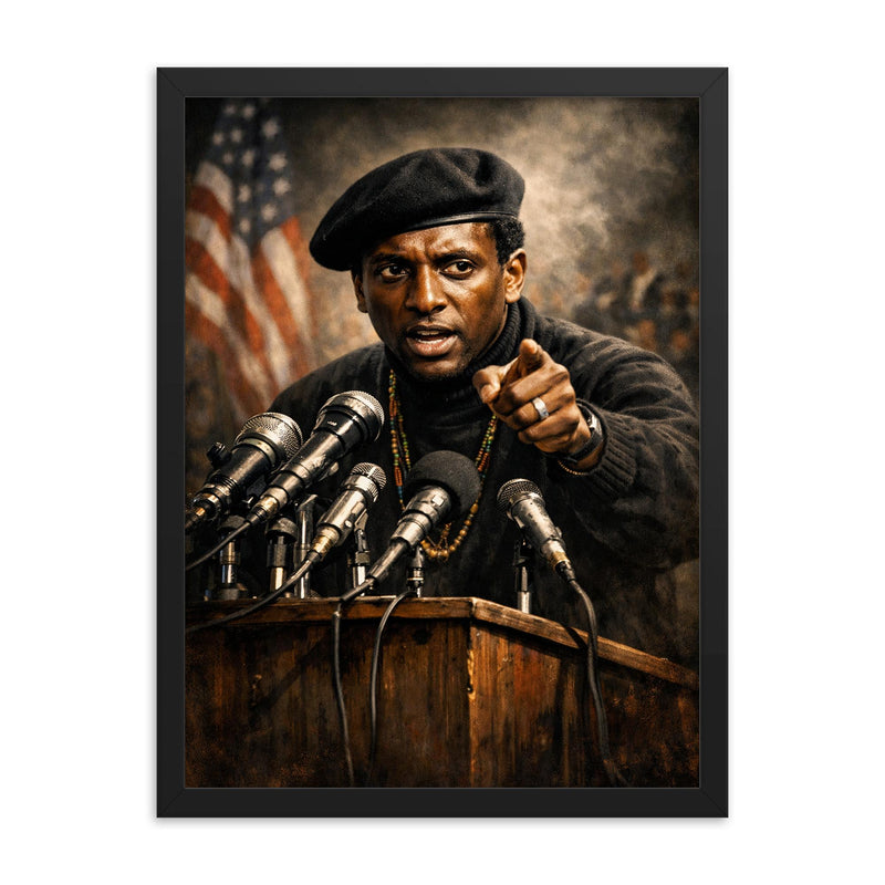 Stokely Carmichael black beret podium portrait framed print on a plain backdrop in size 18