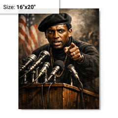 Stokely Carmichael black beret podium portrait metal print on a plain backdrop in size 16"x20".