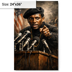 Stokely Carmichael black beret podium portrait metal print on a plain backdrop in size 24"x36".