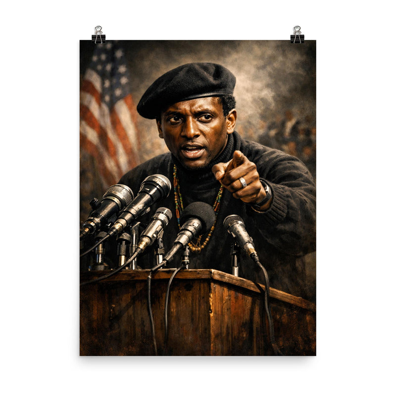 Stokely Carmichael black beret podium portrait poster on a plain backdrop in size 8
